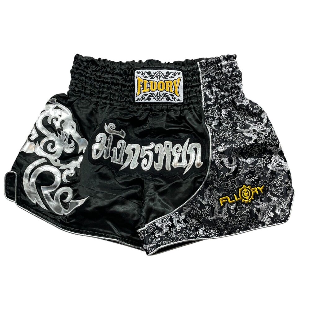 Fluory MMA Martial Arts Boxing‎ Shorts NEW w/ Tags XL Black Silver Elastic Waist